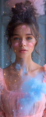 Beautiful girl in a pink dress with a cloud of smoke.の素材