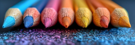 Colored pencils close-up on a background of colored powderの素材