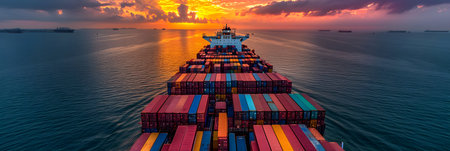 Aerial view of a large container ship in the sea at sunsetの素材