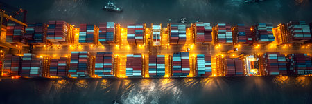 Container Cargo freight ship with working crane bridge for Logistic Import Export backgroundの素材