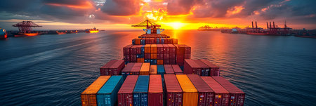 Container Cargo freight ship with working crane bridge at sunset for Logistic Import Export backgroundの素材