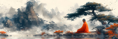 Buddhist monk in orange robe sitting in front of a lake.の素材