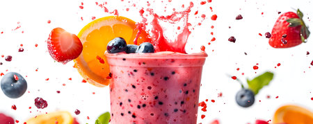 Fruit smoothie with strawberry, blueberry, orange and raspberry isolated on white backgroundの素材