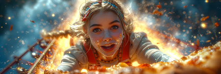 Young beautiful woman eating pizza. Smiling girl on the background of fireworks.の素材