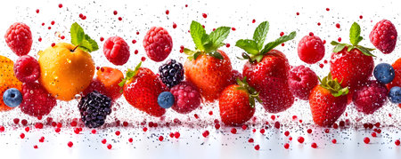 Falling berries and fruits isolated on white background. Strawberry, raspberry, blueberry, blackberry and melon.の素材