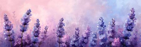 Lavender flowers banner. Watercolor lavender flowers background.の素材