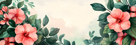 Hibiscus flowers and green leaves. Floral background. Vector illustration.の素材