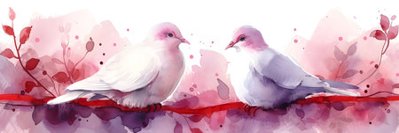 Hand drawn watercolor illustration of two doves sitting on the branch with flowers.の素材