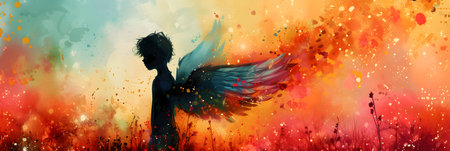 Angel with wings on the background of colorful splashes and blotsの素材