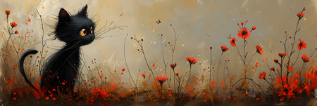 Cute black cat in the meadow with red poppiesの素材