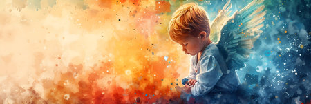 Cute little boy playing with an angel toy on colorful watercolor backgroundの素材