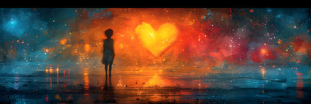 Valentine's day concept. Silhouette of a girl standing in the rain and holding a heart.の素材