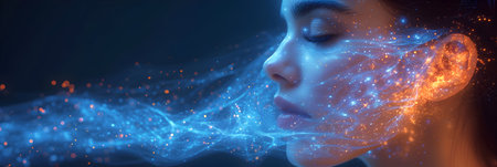 Futuristic woman face with glowing particles. 3d rendering.の素材