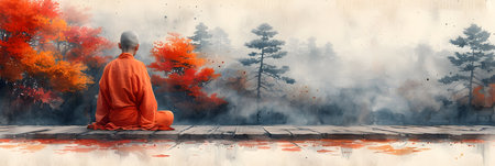 Buddhist monk sitting on a wooden bridge in the autumn forest.の素材