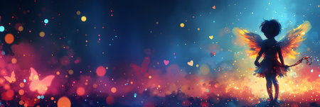 Cute little cupid with wings on a background of magic lights.の素材