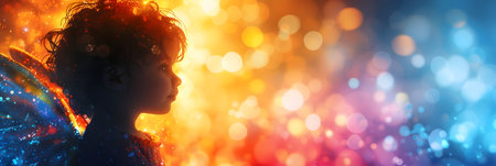 Cute little boy with angel wings on colorful bokeh backgroundの素材