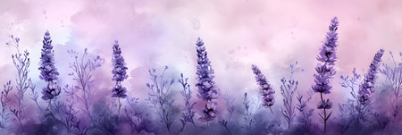 Lavender flowers on watercolor background. Watercolor lavender banner.の素材