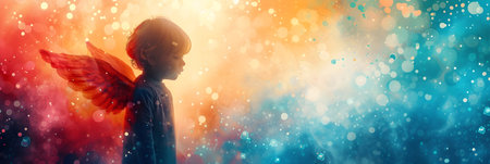 Angelic little boy with angel wings on colorful bokeh backgroundの素材