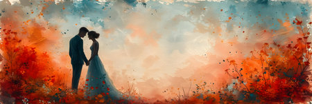 Beautiful bride and groom on the background of an abstract watercolorの素材