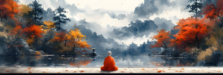 Buddhist monk sitting on a wooden platform in the autumn forestの素材