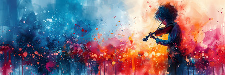 Musician playing the violin on a background of watercolor splashes.の素材