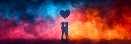 Valentine's day concept. Silhouette of a loving couple on a colorful background.の素材