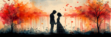 Silhouette of bride and groom on the background of the autumn forestの素材