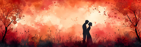 Autumn background with silhouettes of young couple in love, vector illustrationの素材