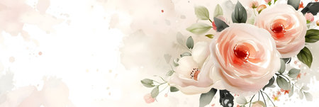 Floral watercolor banner with roses and leaves. Vector illustration.の素材