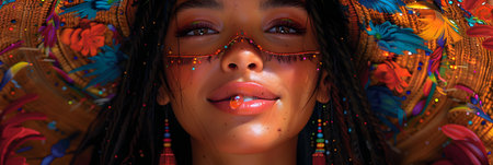 Close up portrait of african american woman in sombrero.の素材