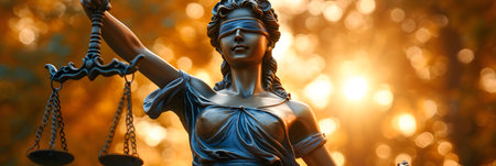 Statue of justice with scales of justice on blurred background. Law and justice concept.の素材