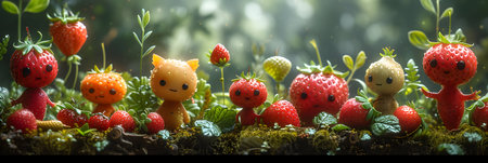 Strawberry and doll on green moss with bokeh backgroundの素材
