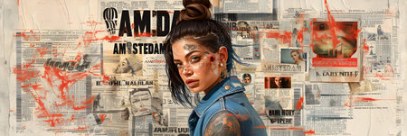 Beautiful girl in the image of a medieval warrior on the background of the newspaperの素材