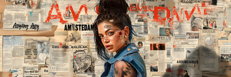 Tattooed brunette girl in a blue jacket on a background of newspapersの素材