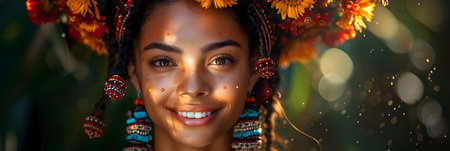 Beautiful african american woman with flowers in her hair.の素材