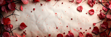 Valentine's Day background with red hearts and branches on white paperの素材