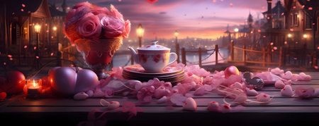 Romantic background with a cup of coffee on a wooden table. Valentine's Day concept.の素材
