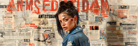 Fashion portrait of a beautiful woman in the studio on a background of newspapersの素材