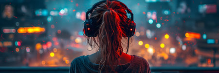 Young woman in headphones listening to music on the background of the night city.の素材
