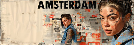 Contemporary art collage. Portrait of a man and a woman on the background of an old newspaper.の素材