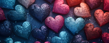 Valentine's day background. Colorful hearts on blue backgroundの素材