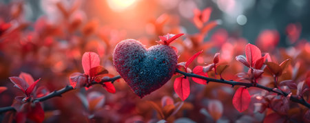 Frozen heart on a branch with red leaves. Valentines day backgroundの素材