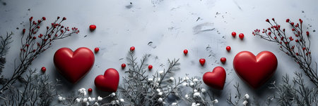 Valentines day background with red hearts, branches and berries.の素材