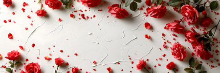 top view of red roses and confetti on white background, bannerの素材