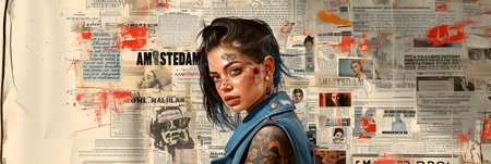 Portrait of a young woman with tattoos on her body, against the background of the newspaper.の素材