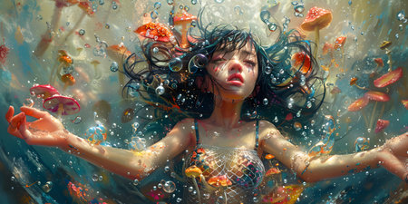 Fantasy portrait of a beautiful mermaid in water. 3d renderingの素材