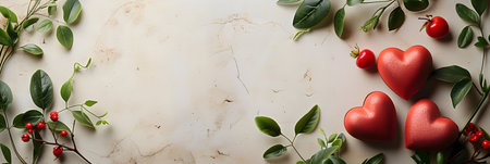 Valentine's day background with red hearts and green leavesの素材