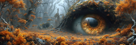 Fantasy landscape with fantasy forest and big eyes. 3d illustrationの素材
