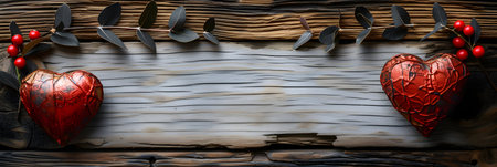 Valentine's Day background with red hearts on rustic wooden boardの素材