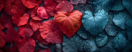 Red and blue heart-shaped leaves on a dark blue background.の素材